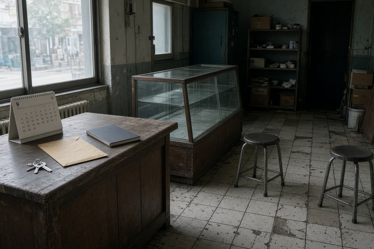 비운 골목 점포 카운터 위 9월 달력·열쇠·서류 봉투 — 경기도 사업정리와 점포 정리를 같이 보는 참고 커버