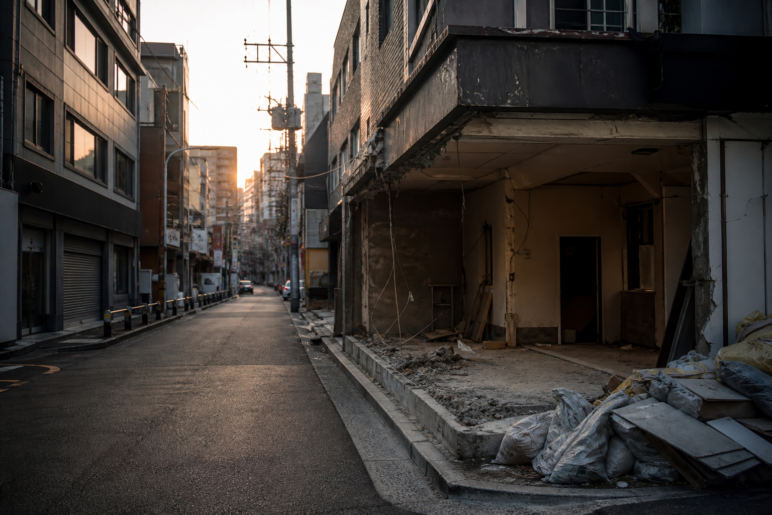 새벽 골목의 비운 상가 점포 — 마포·홍대 상가·점포 철거 참고 커버