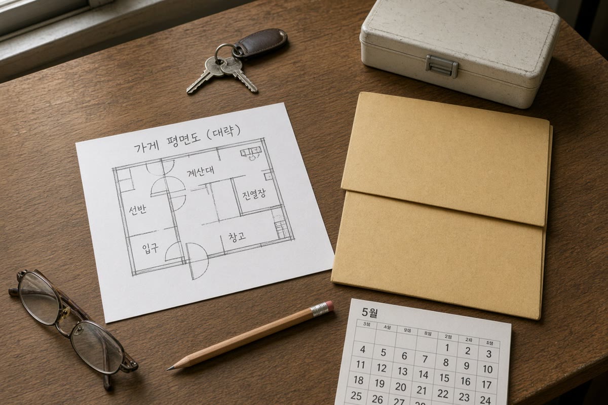 점포 도면·달력·열쇠·서류 봉투가 놓인 책상 — 산재보험 창구와 명도 일정을 같이 적는 참고 장면